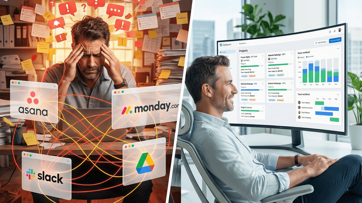 Creative agency team reviewing a multi-client operations dashboard with content pipelines and feedback workflows