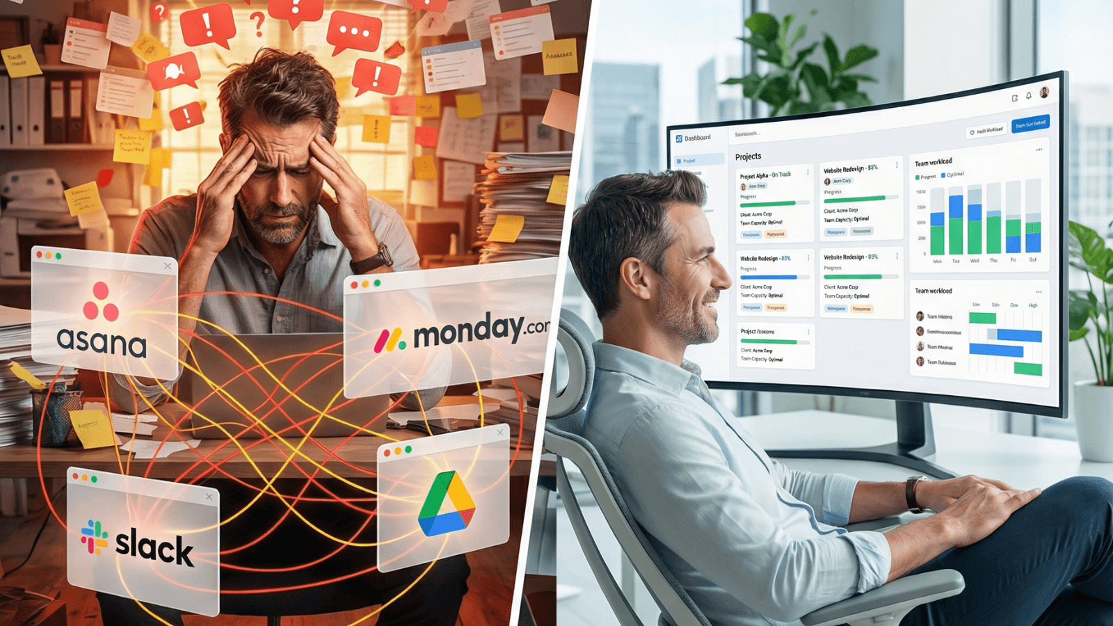 Creative agency team reviewing a multi-client operations dashboard with content pipelines and feedback workflows