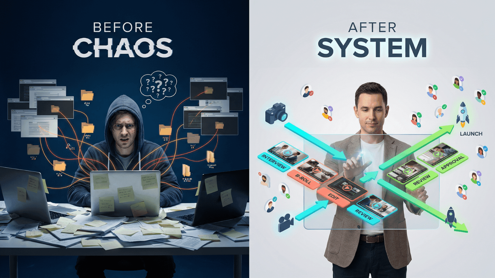 Media asset management workflow diagram for a video agency